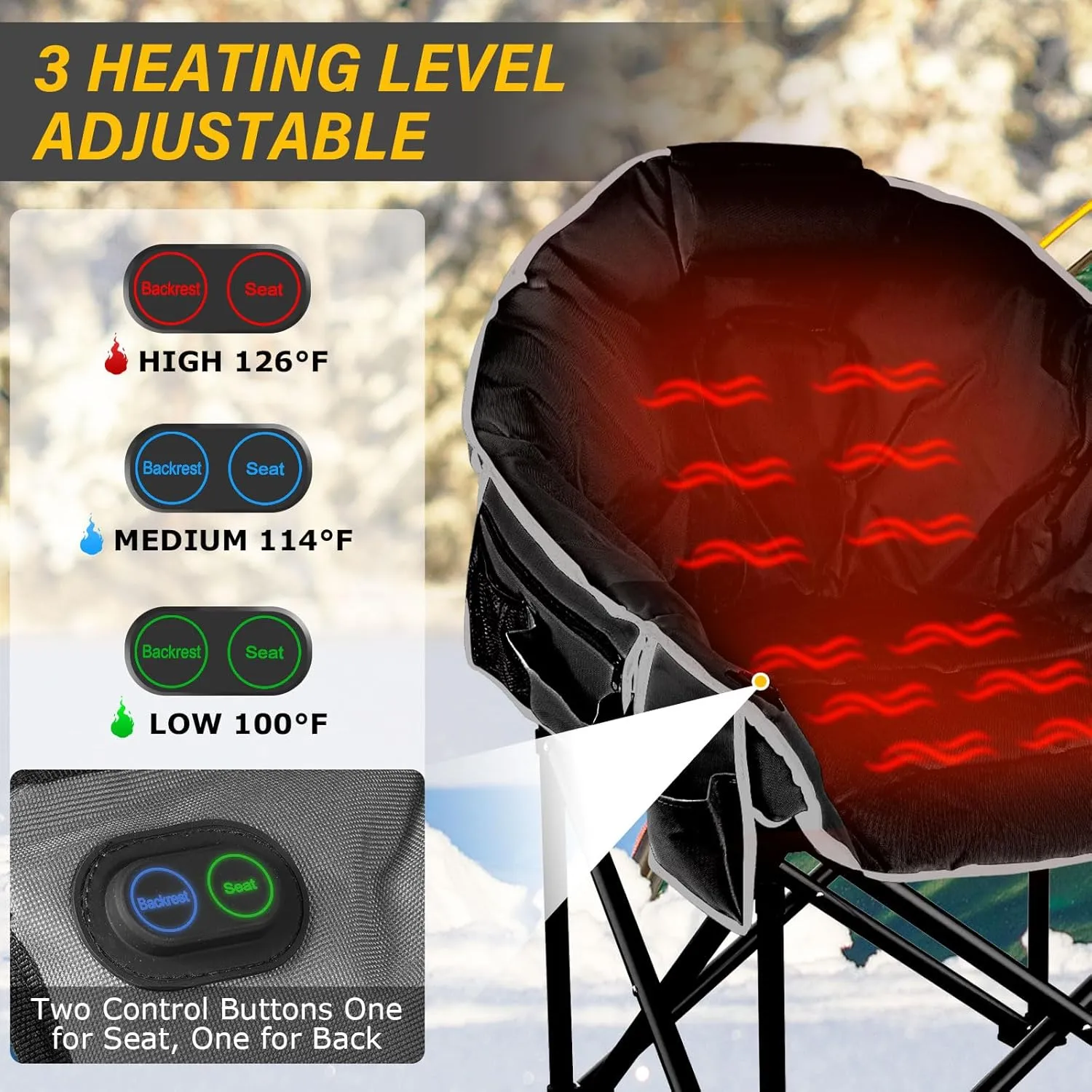 Oversized Heated Camping Chair, 3 Heat Levels Portable Heated Folding Chairs with 20,000mAh Power Bank, Camping Heated Chair for Adults Supports 440 lbs, Heavy Lawn Chair for Camping/Patio