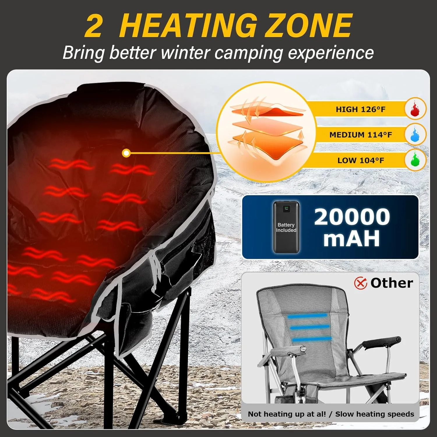 Oversized Heated Camping Chair, 3 Heat Levels Portable Heated Folding Chairs with 20,000mAh Power Bank, Camping Heated Chair for Adults Supports 440 lbs, Heavy Lawn Chair for Camping/Patio