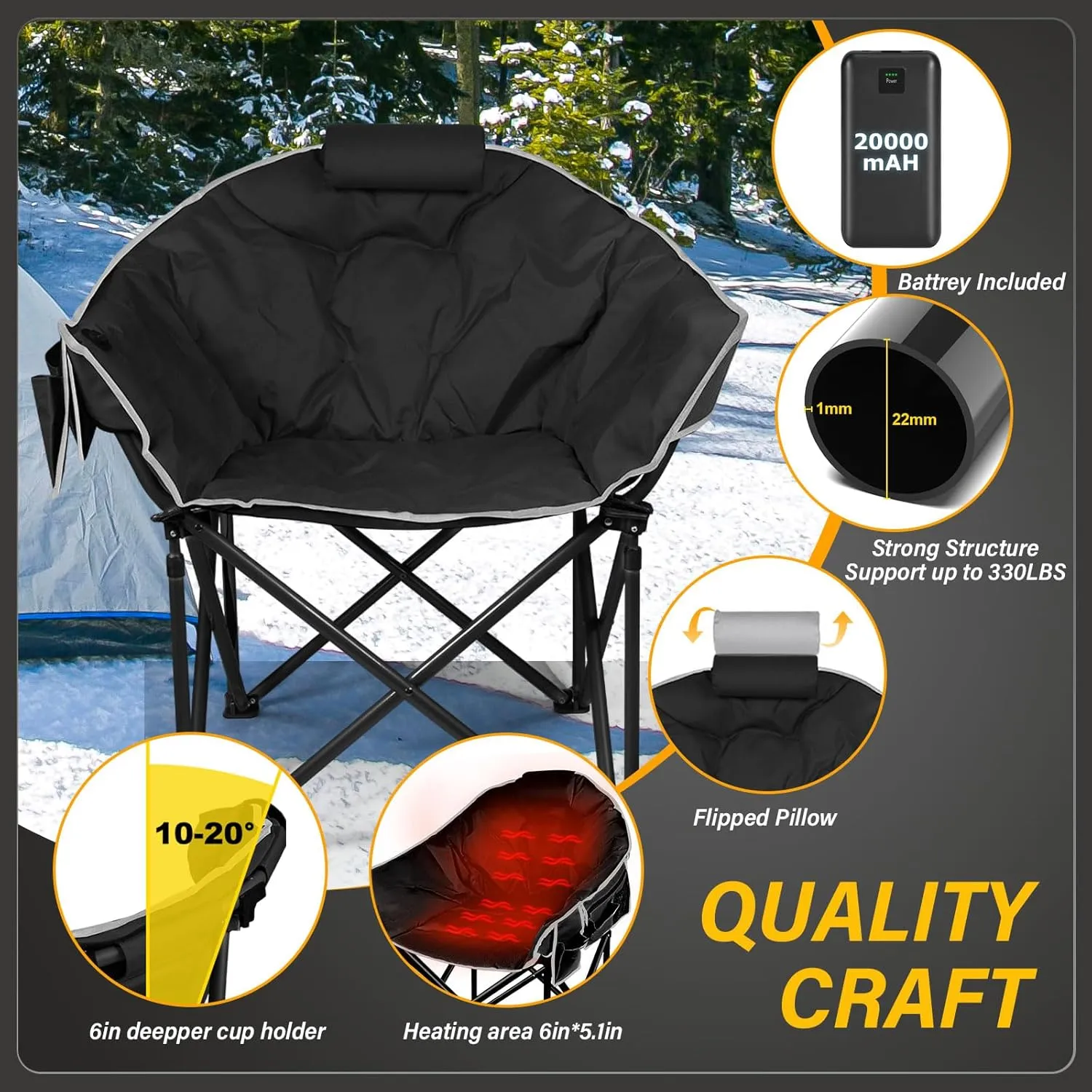 Oversized Heated Camping Chair, 3 Heat Levels Portable Heated Folding Chairs with 20,000mAh Power Bank, Camping Heated Chair for Adults Supports 440 lbs, Heavy Lawn Chair for Camping/Patio