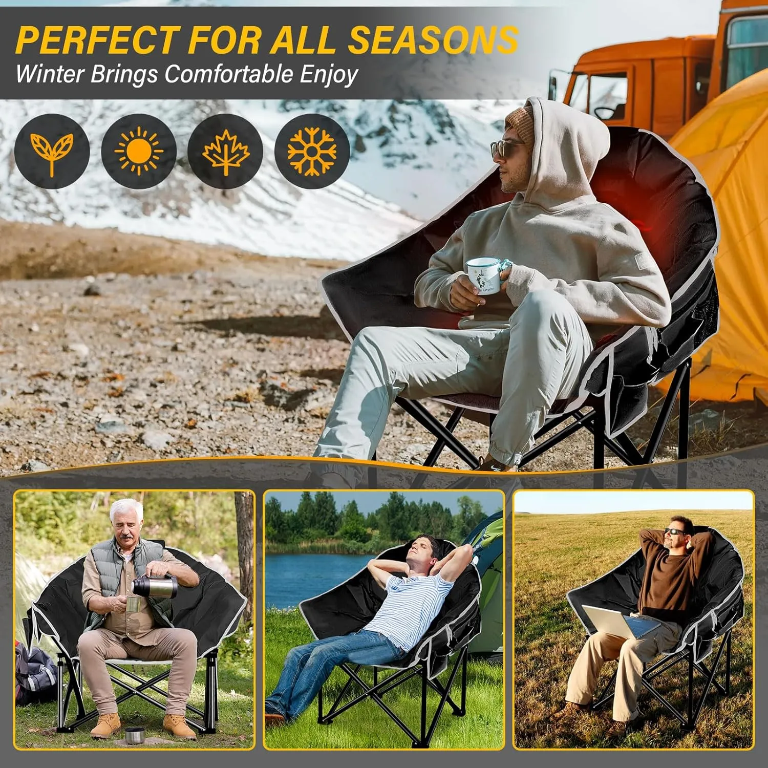 Oversized Heated Camping Chair, 3 Heat Levels Portable Heated Folding Chairs with 20,000mAh Power Bank, Camping Heated Chair for Adults Supports 440 lbs, Heavy Lawn Chair for Camping/Patio