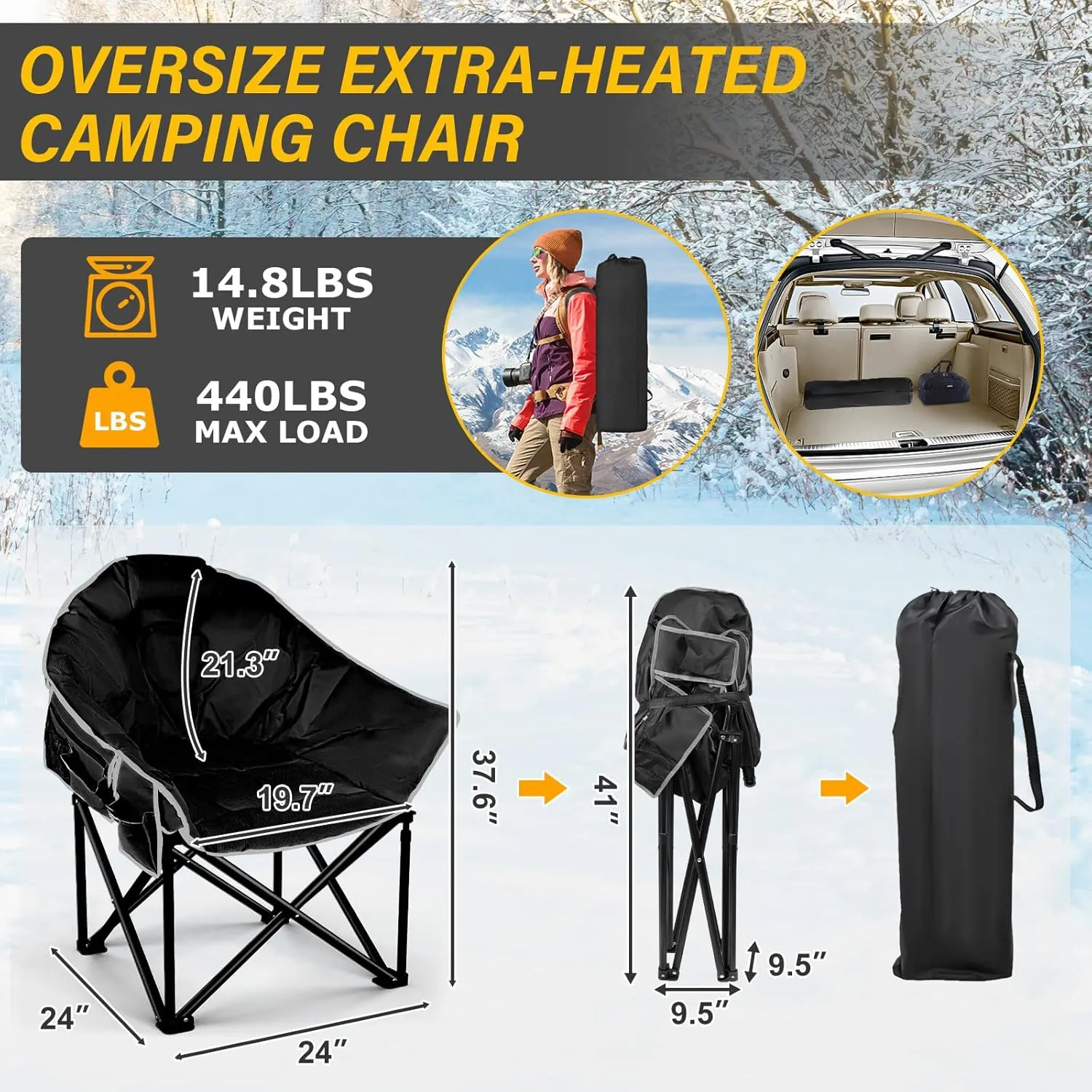 Oversized Heated Camping Chair, 3 Heat Levels Portable Heated Folding Chairs with 20,000mAh Power Bank, Camping Heated Chair for Adults Supports 440 lbs, Heavy Lawn Chair for Camping/Patio