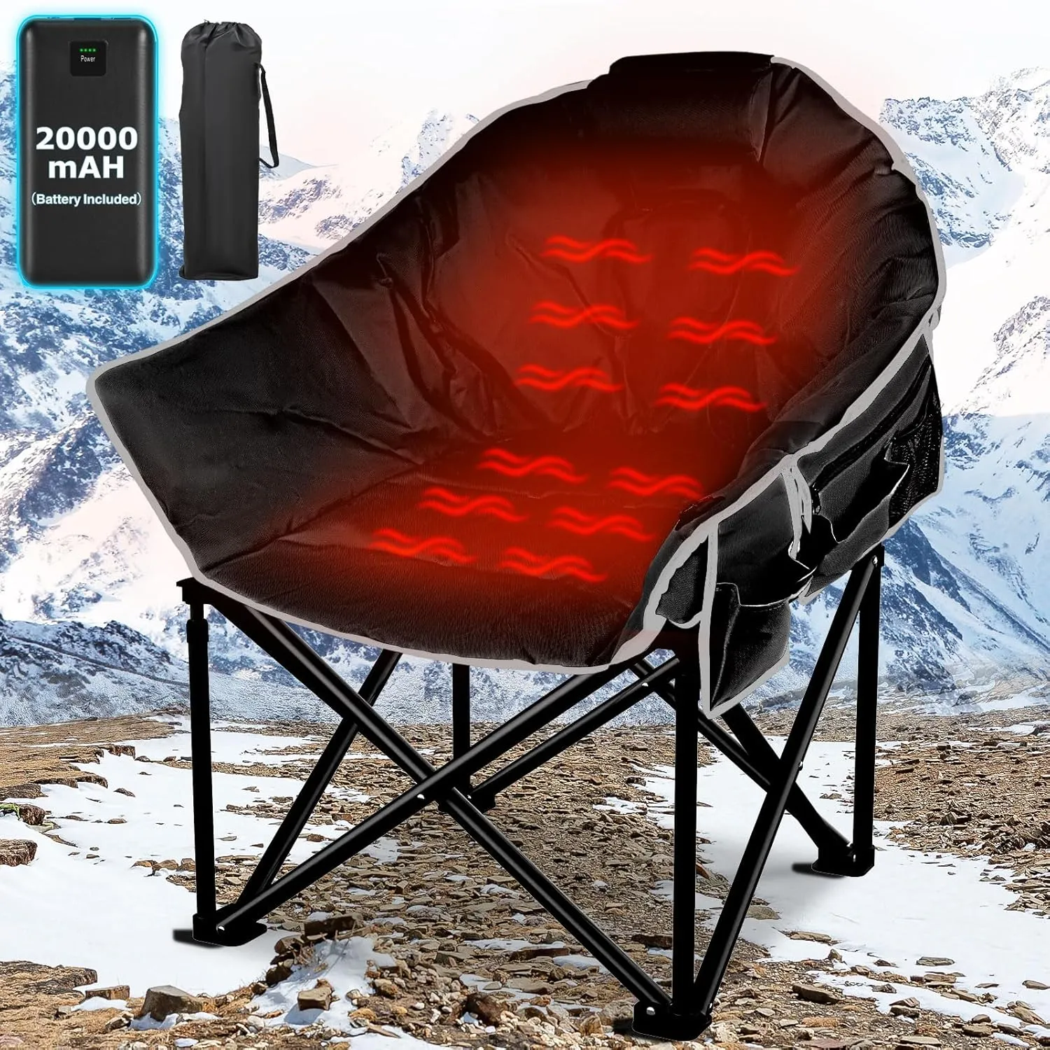 Oversized Heated Camping Chair, 3 Heat Levels Portable Heated Folding Chairs with 20,000mAh Power Bank, Camping Heated Chair for Adults Supports 440 lbs, Heavy Lawn Chair for Camping/Patio