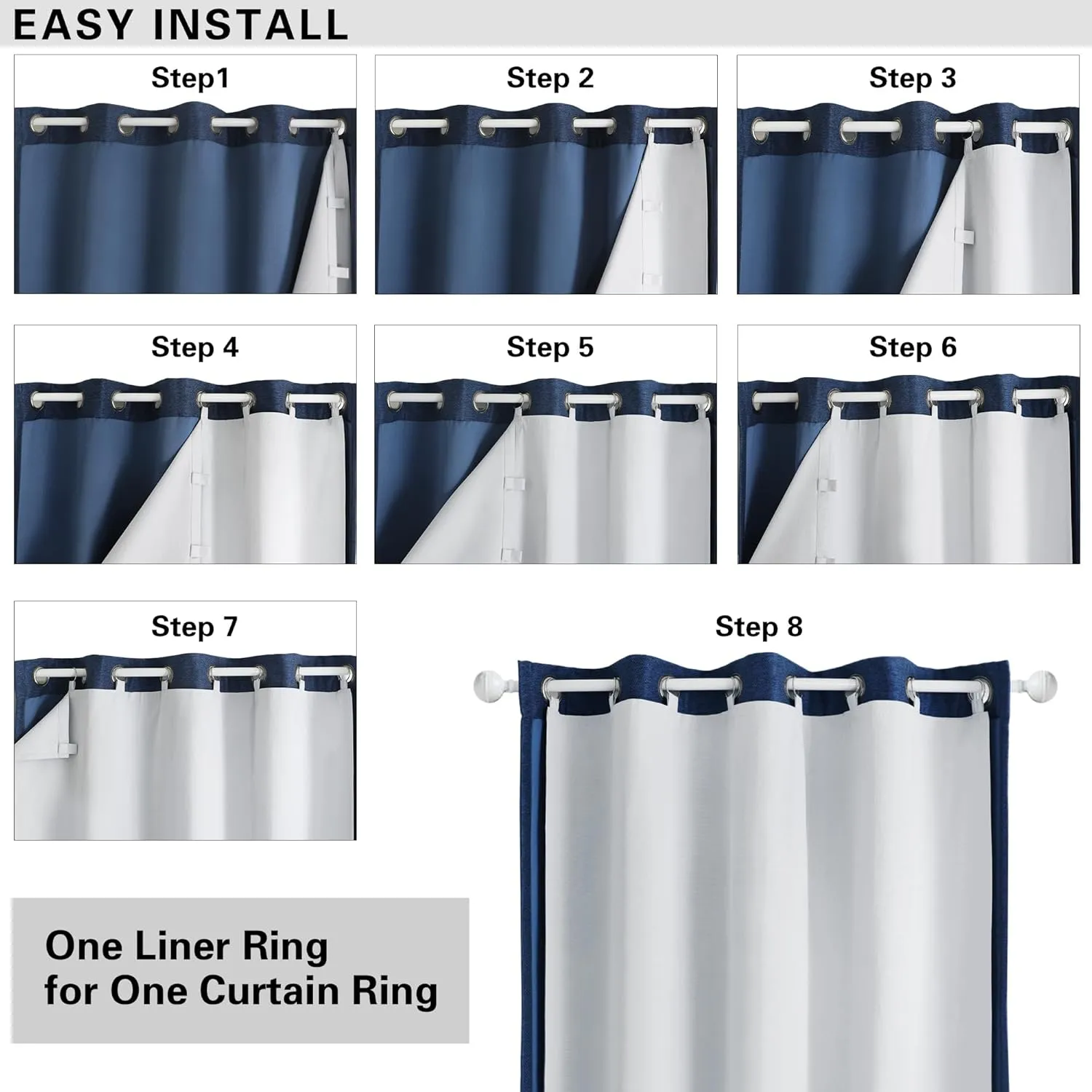 OWENIE Greyish White 100% Blackout Curtain Liner 2 Panels Set for Bedroom Living Room, Insulated Curtains Liner for 95 96 Inch Long Curtains, Each 50" Wx92 L, 2 Liners Per Set with 17 Pieces Rings