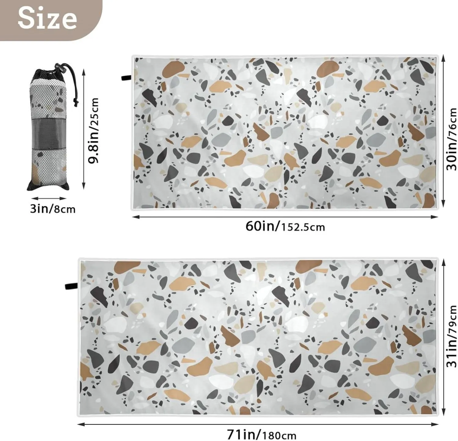 Oyihfvs Seamless Terrazzo Stone Fragments Rock Surface on Grey Background Quick Drying Beach Towel, Foldable Yoga Towel, Soft Sport Towel, Sweat Absorbent Towel with Storage Mesh Bag 31 x 71 inch (M)