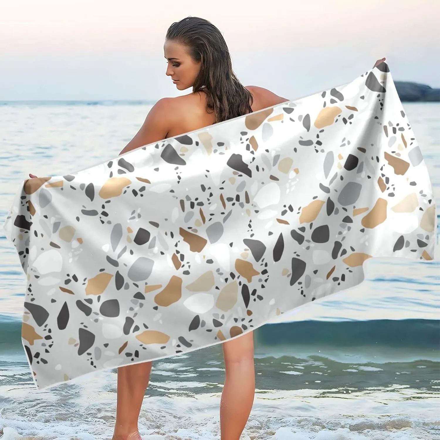 Oyihfvs Seamless Terrazzo Stone Fragments Rock Surface on Grey Background Quick Drying Beach Towel, Foldable Yoga Towel, Soft Sport Towel, Sweat Absorbent Towel with Storage Mesh Bag 31 x 71 inch (M)