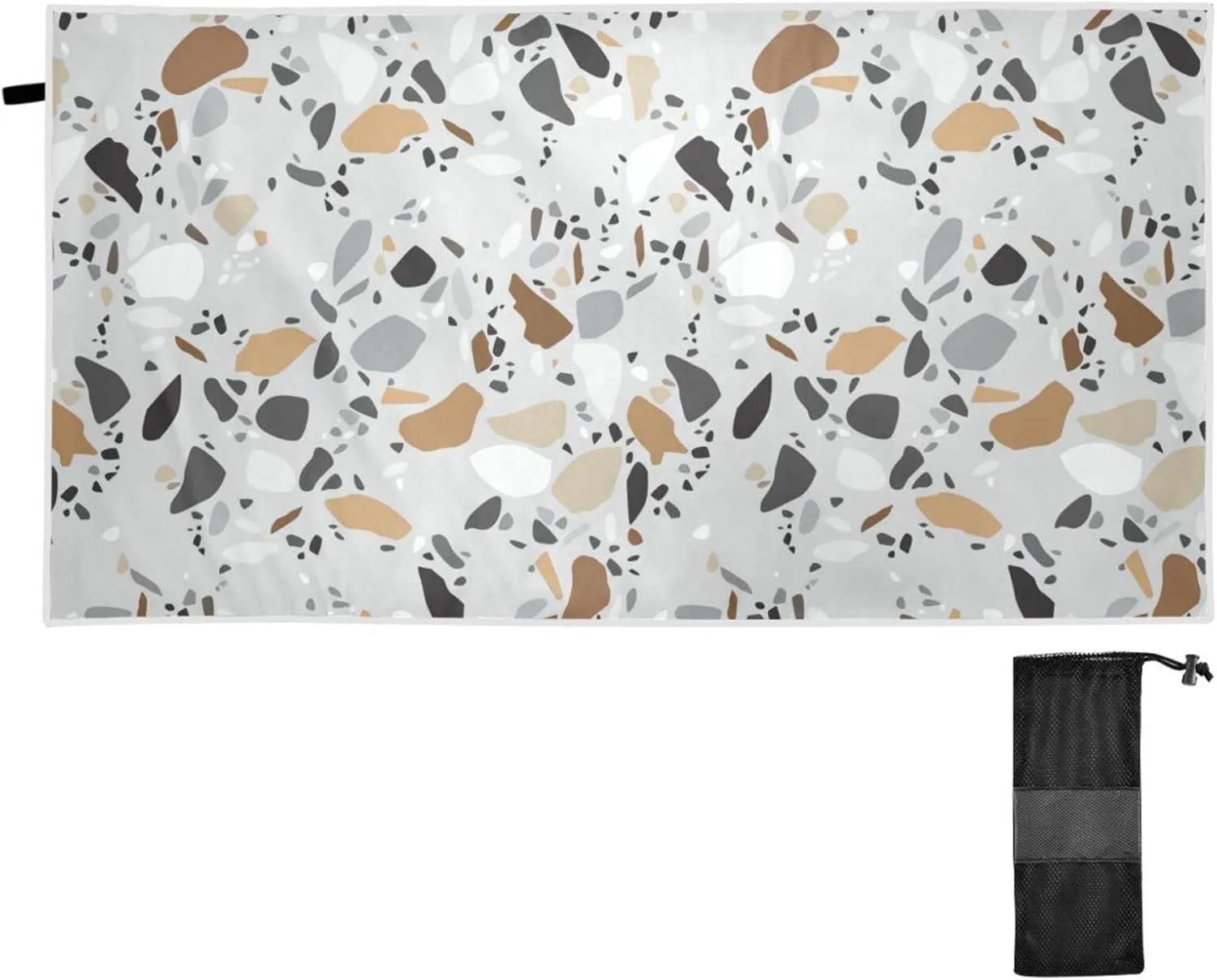 Oyihfvs Seamless Terrazzo Stone Fragments Rock Surface on Grey Background Quick Drying Beach Towel, Foldable Yoga Towel, Soft Sport Towel, Sweat Absorbent Towel with Storage Mesh Bag 31 x 71 inch (M)