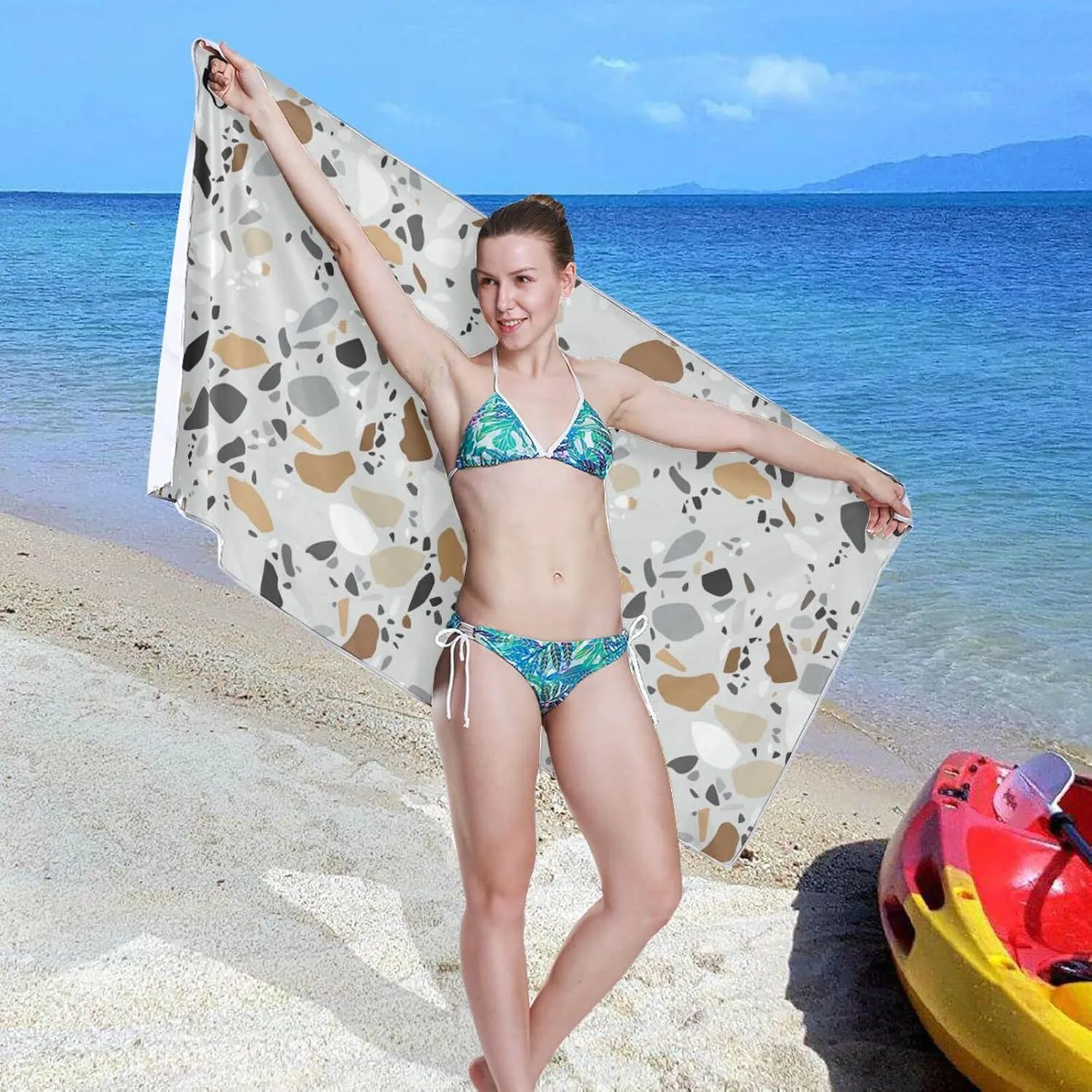 Oyihfvs Seamless Terrazzo Stone Fragments Rock Surface on Grey Background Quick Drying Beach Towel, Foldable Yoga Towel, Soft Sport Towel, Sweat Absorbent Towel with Storage Mesh Bag 31 x 71 inch (M)