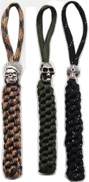 Paracord Pocket Knife Lanyard with Alloy Skull Cross Beads,Handcrafted Lanyards Pendant for EDC Knife/Outdoor Gear/Zipper Pulls/Keychains/Camera/Cell,3 pcs