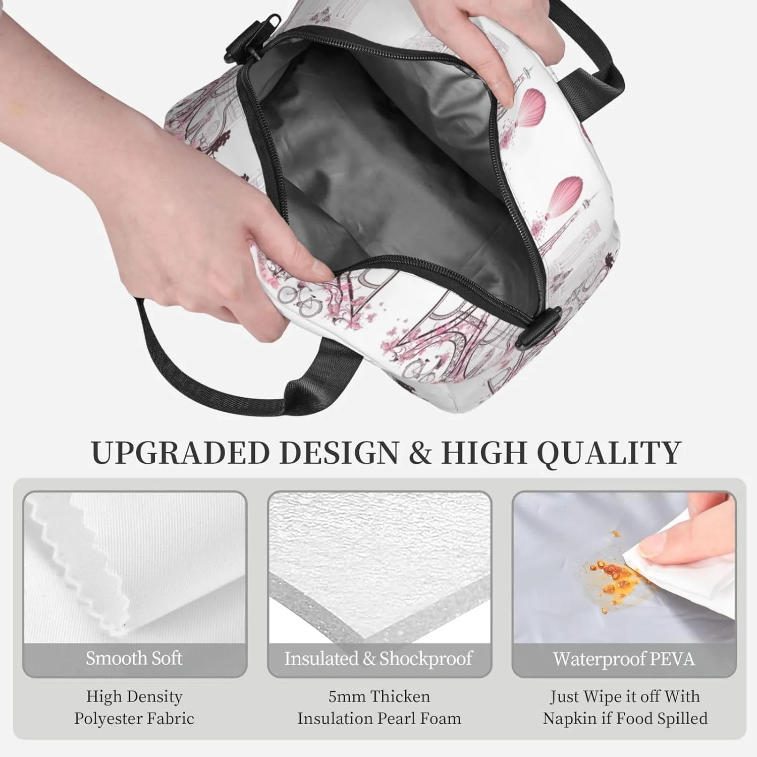 Paris Eiffel Tower Lunch Bag with Adjustable Shoulder Strap for Women Men Reusable Lunch Box Leakproof Tote Bags Insulated Cooler for Work Travel Outdoor(9 x 5 x 7.8 Inches)
