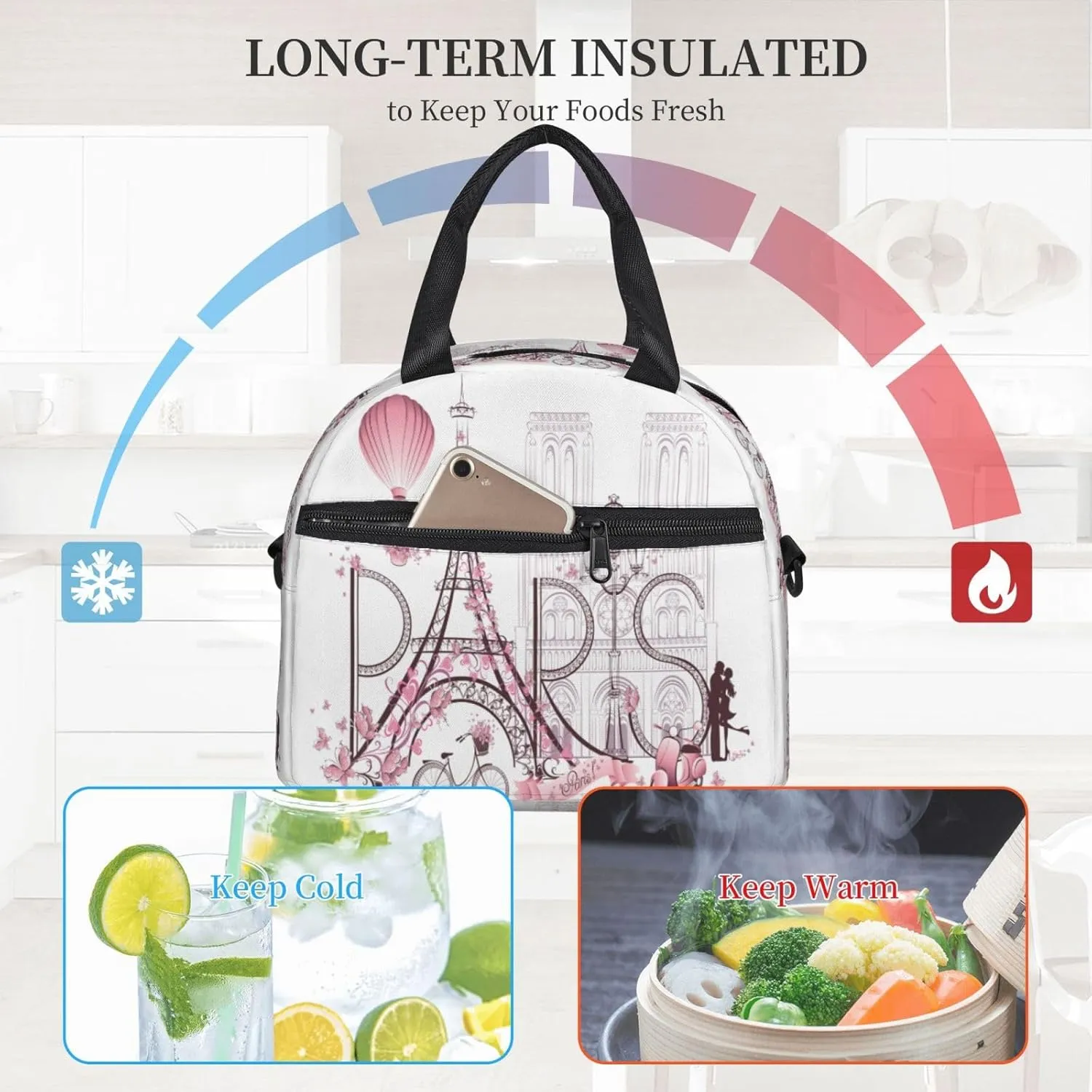 Paris Eiffel Tower Lunch Bag with Adjustable Shoulder Strap for Women Men Reusable Lunch Box Leakproof Tote Bags Insulated Cooler for Work Travel Outdoor(9 x 5 x 7.8 Inches)
