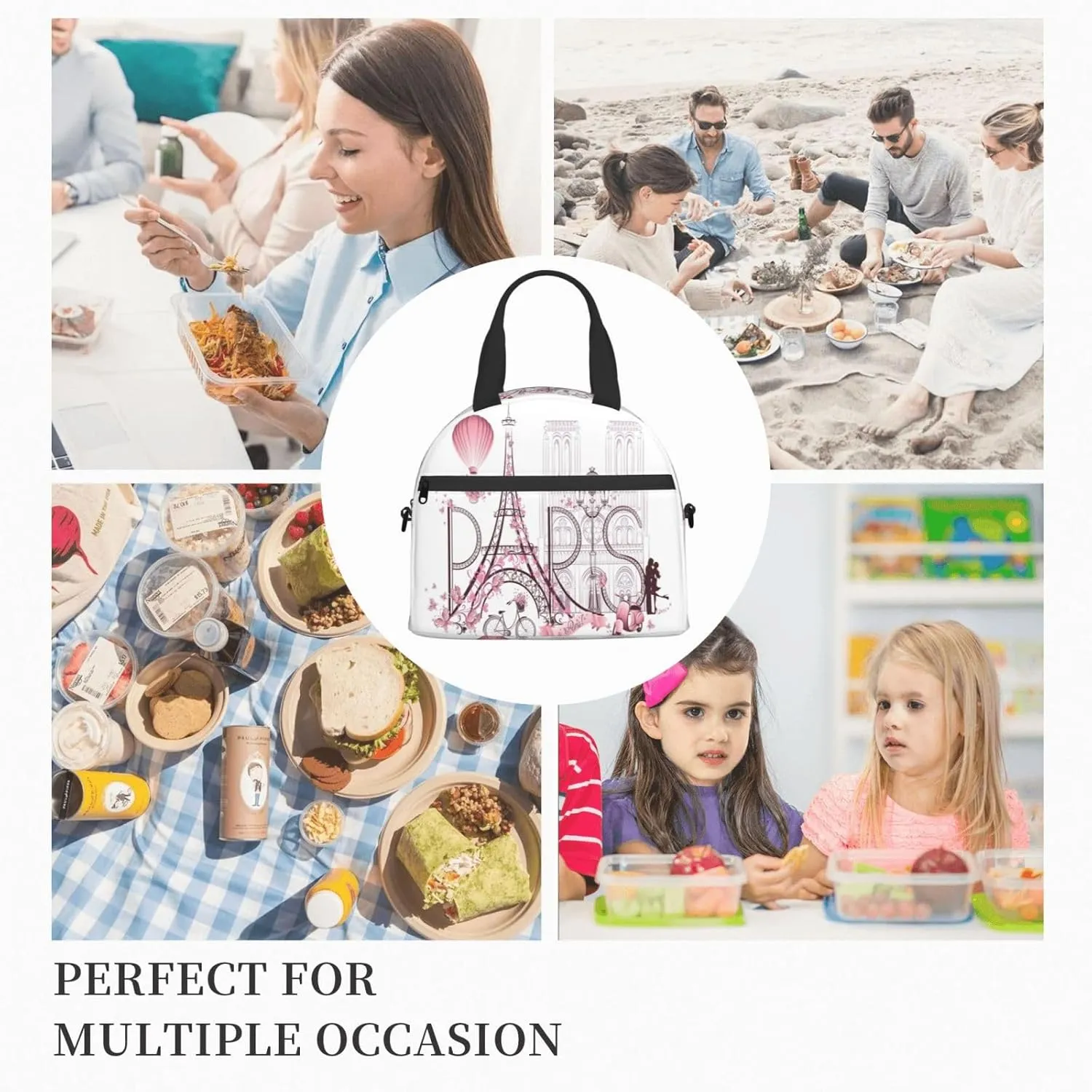 Paris Eiffel Tower Lunch Bag with Adjustable Shoulder Strap for Women Men Reusable Lunch Box Leakproof Tote Bags Insulated Cooler for Work Travel Outdoor(9 x 5 x 7.8 Inches)
