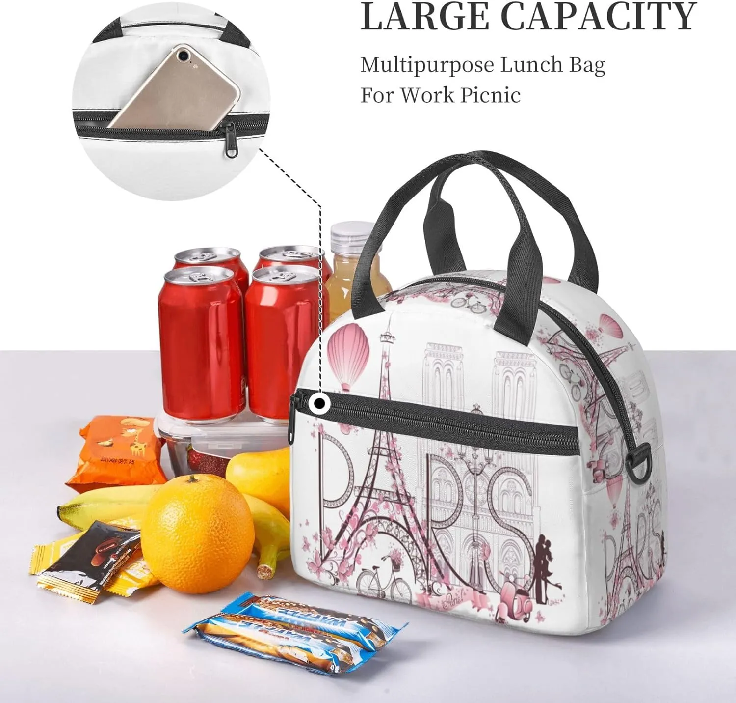 Paris Eiffel Tower Lunch Bag with Adjustable Shoulder Strap for Women Men Reusable Lunch Box Leakproof Tote Bags Insulated Cooler for Work Travel Outdoor(9 x 5 x 7.8 Inches)