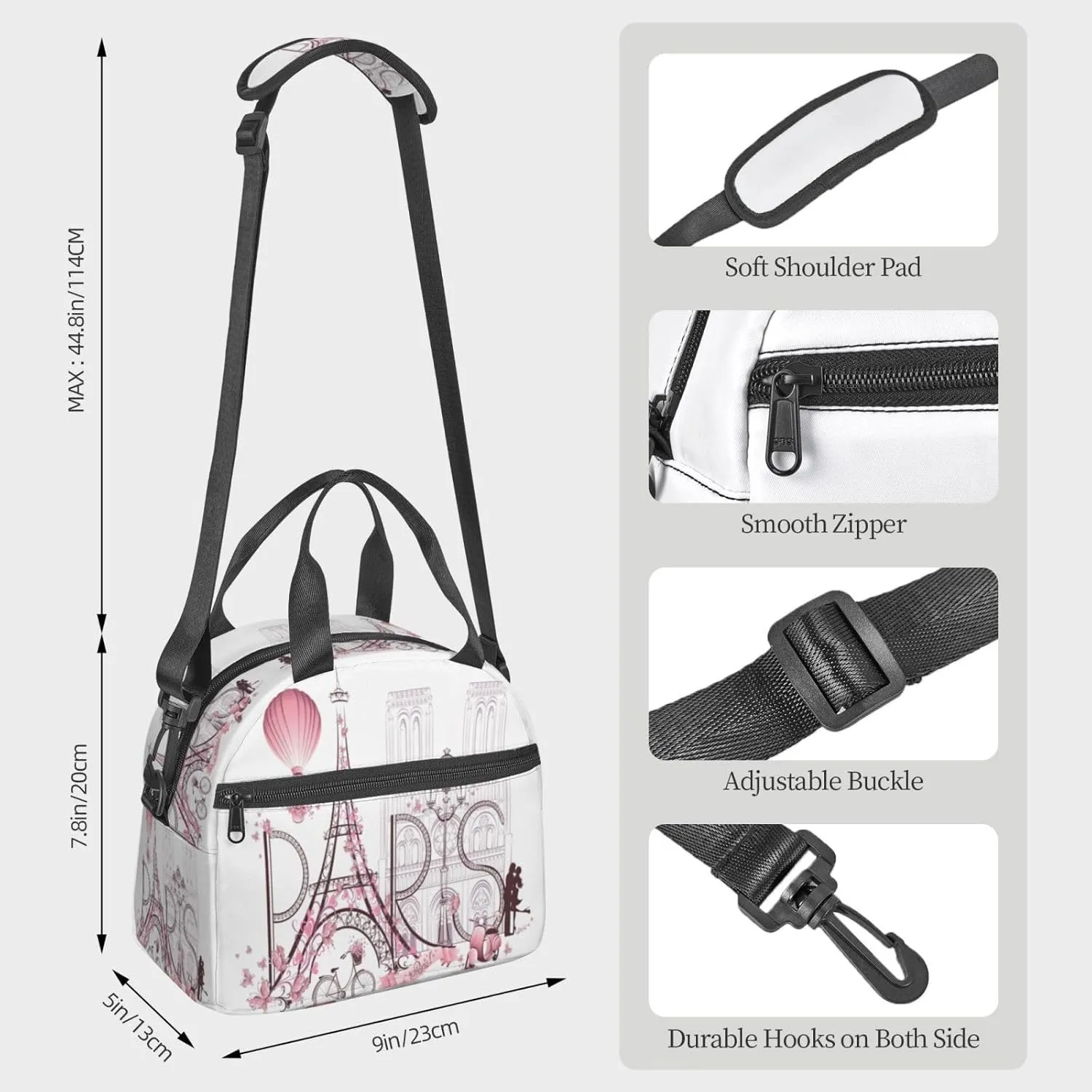 Paris Eiffel Tower Lunch Bag with Adjustable Shoulder Strap for Women Men Reusable Lunch Box Leakproof Tote Bags Insulated Cooler for Work Travel Outdoor(9 x 5 x 7.8 Inches)