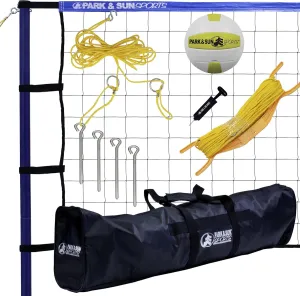 Park & Sun Spiker Sport Portable Outdoor Volleyball Net System – Blue Net, Regulation Size 32' L x 3' H, Adjustable Height, Lightweight, Includes Carrying Bag for Backyard and Beach Play