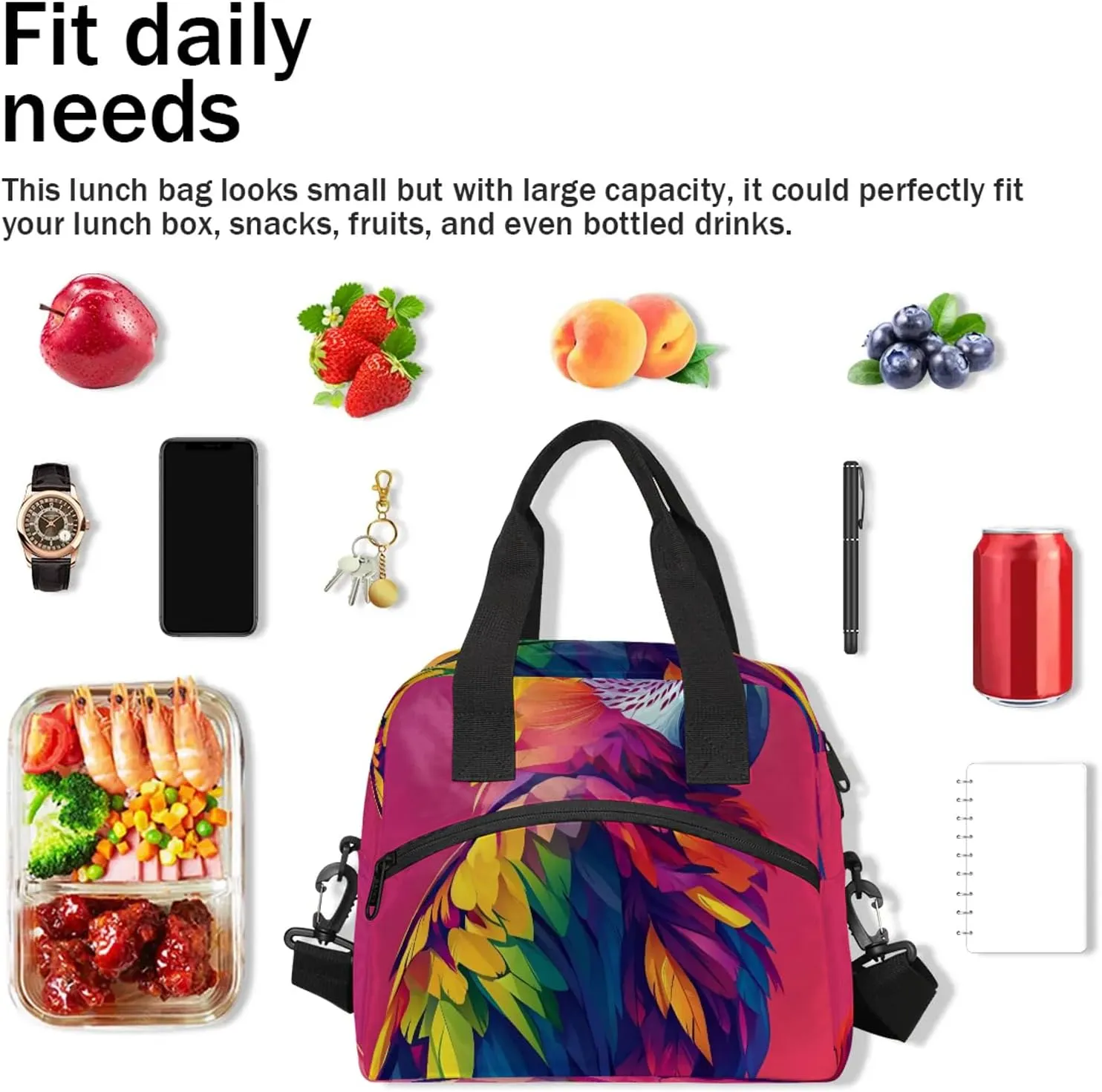 Parrot Lunch Bag for Men Women Adults Bird Insulated Lunch Box Leakproof Cooler Tote Bag Organizer with Adjustable Shoulder Strap