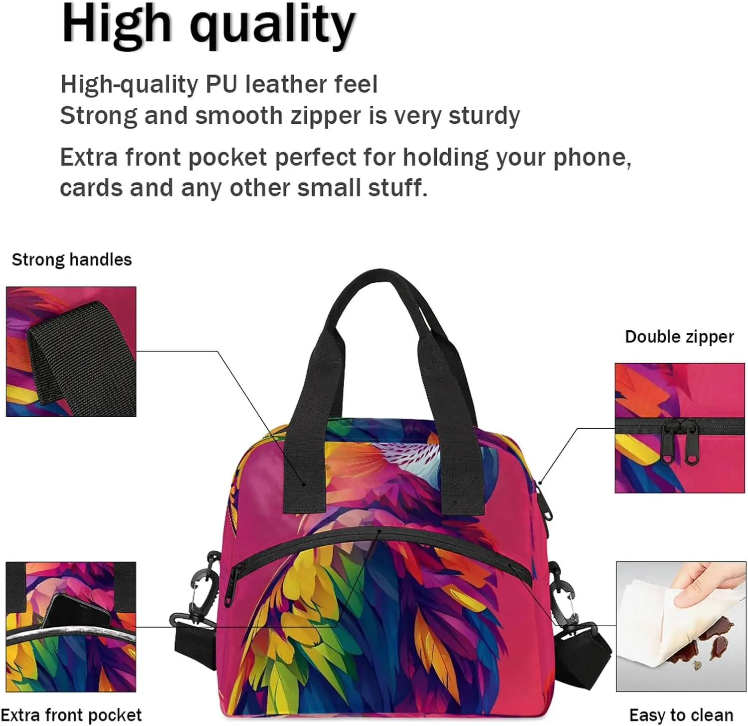 Parrot Lunch Bag for Men Women Adults Bird Insulated Lunch Box Leakproof Cooler Tote Bag Organizer with Adjustable Shoulder Strap