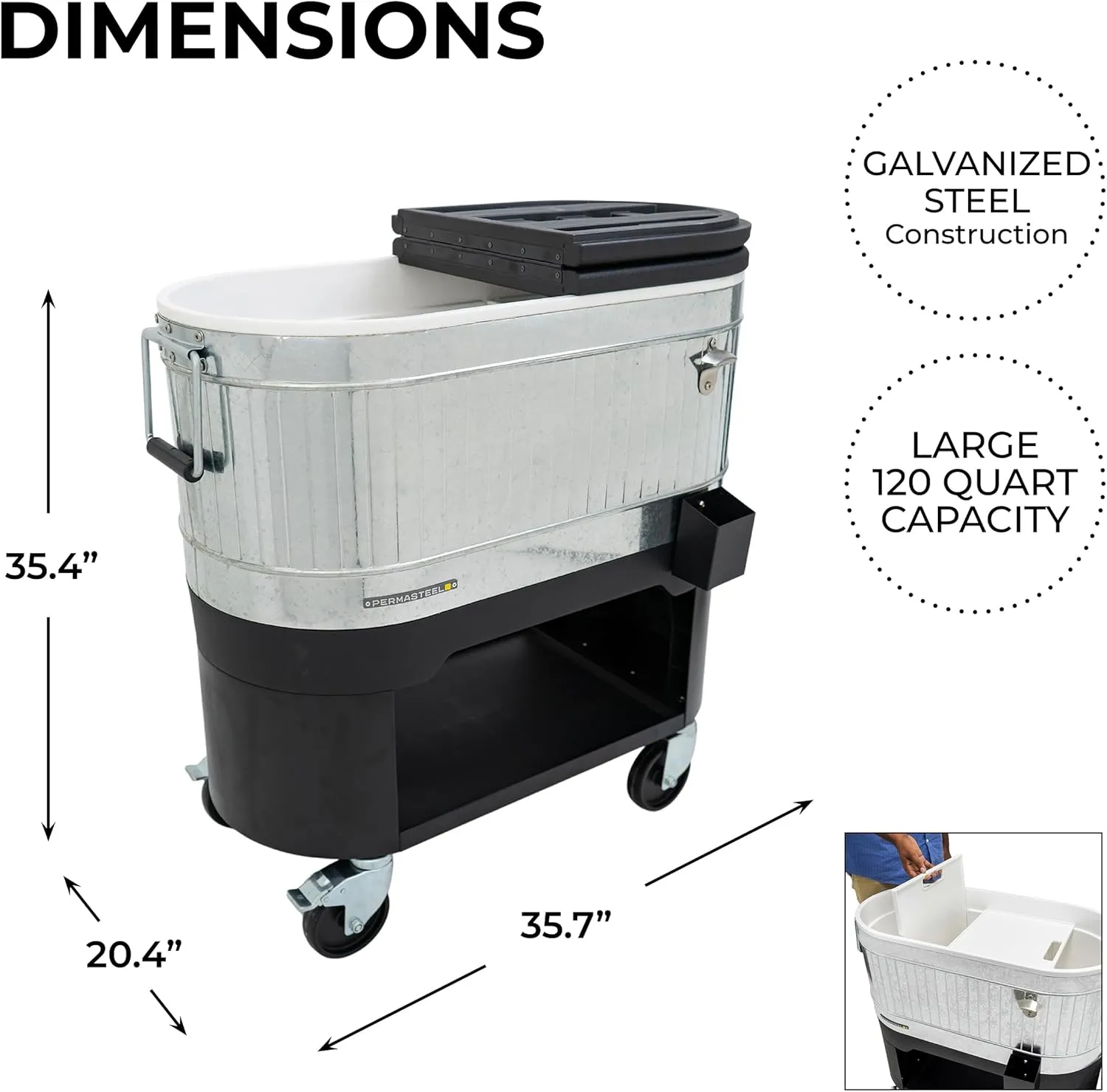 Permasteel 120-Qt Rolling Ice Chest, Portable Patio Party Bar Drink Cooler Cart with Wheels, Drink Dividers - Perfect for Outdoor or Indoor Entertaining, and Parties, Galvanized Steel