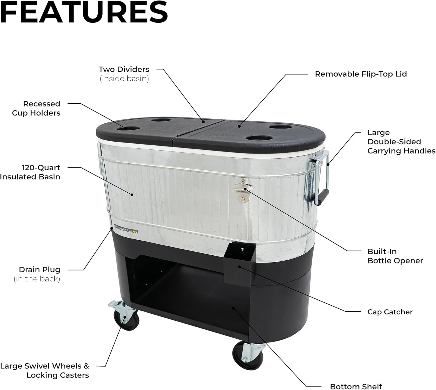 Permasteel 120-Qt Rolling Ice Chest, Portable Patio Party Bar Drink Cooler Cart with Wheels, Drink Dividers - Perfect for Outdoor or Indoor Entertaining, and Parties, Galvanized Steel