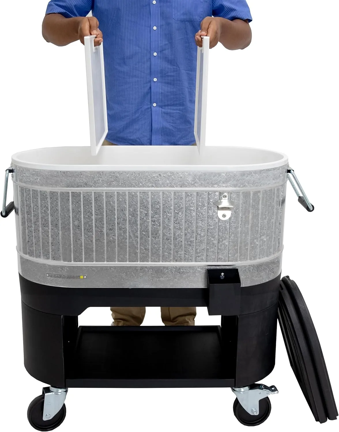 Permasteel 120-Qt Rolling Ice Chest, Portable Patio Party Bar Drink Cooler Cart with Wheels, Drink Dividers - Perfect for Outdoor or Indoor Entertaining, and Parties, Galvanized Steel
