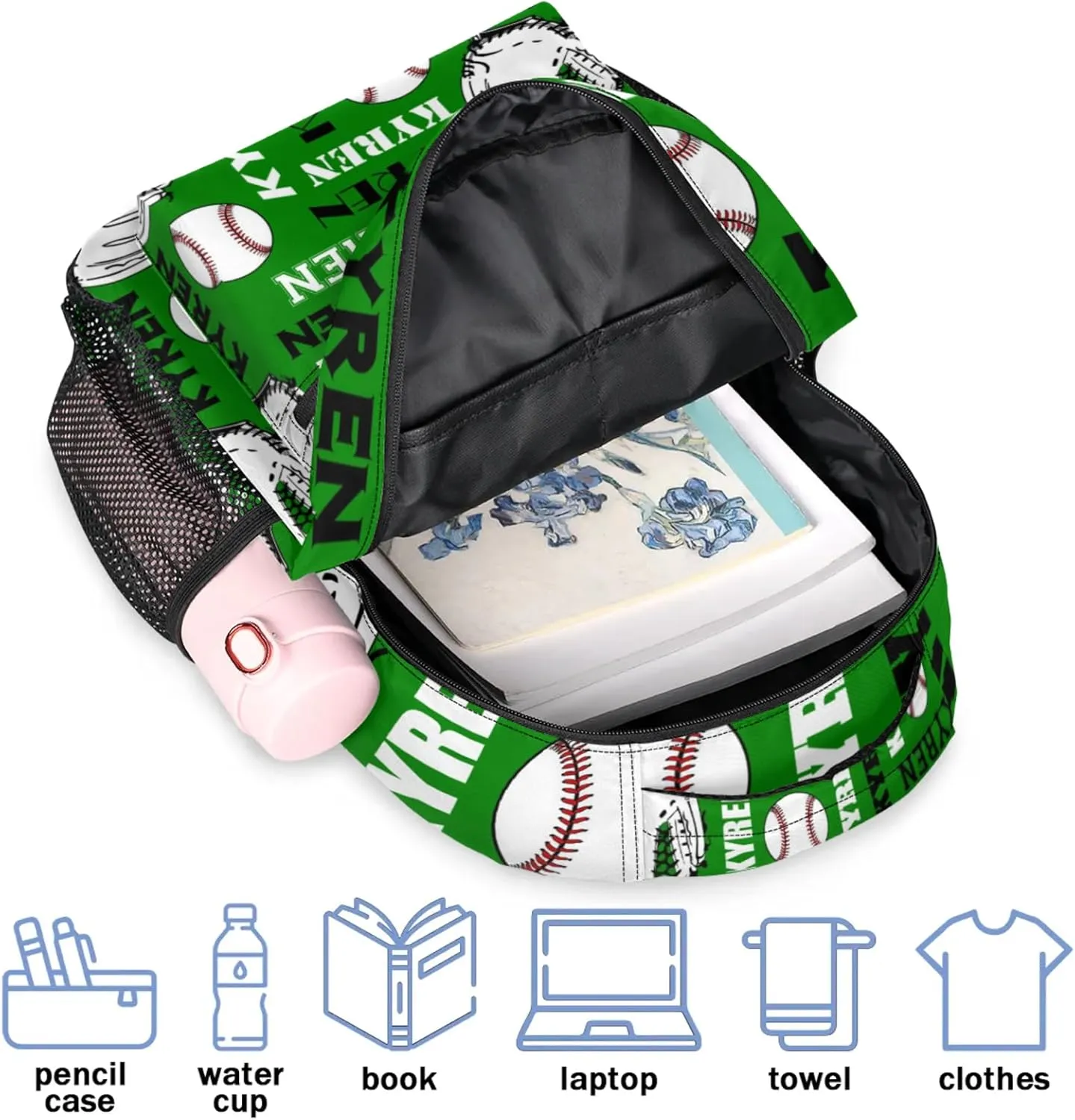 Personalized Baseball Backpack for Men Women, Custom Laptop Backpack with Name, Sports Bag Lightweight Daypack for Travel Hiking Camping, Dark Green