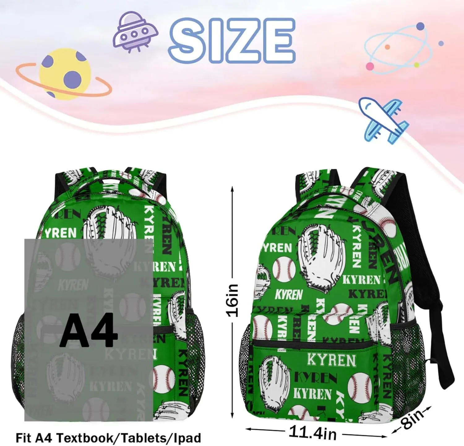 Personalized Baseball Backpack for Men Women, Custom Laptop Backpack with Name, Sports Bag Lightweight Daypack for Travel Hiking Camping, Dark Green