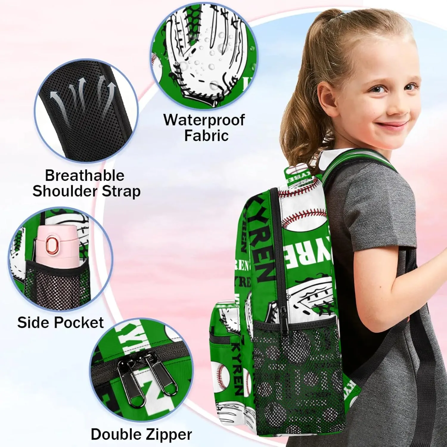 Personalized Baseball Backpack for Men Women, Custom Laptop Backpack with Name, Sports Bag Lightweight Daypack for Travel Hiking Camping, Dark Green