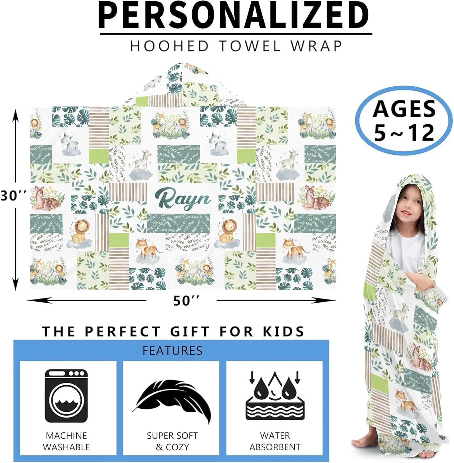 Personalized Bath Beach Swimming Pool Towel with Hood Jungle World Animal Lion Gift Ideas for Baby Showers