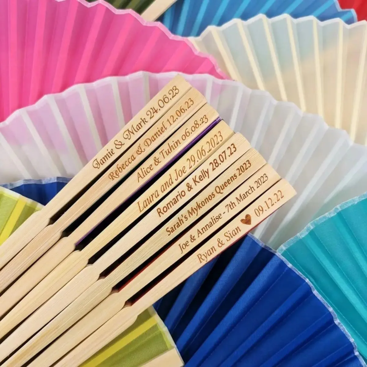 Personalized Engraved Folding Hand Fan，Wedding Gifts for Guests, Custom Logo，Birthday Party Gifts, with Organza Bag (70PCS)
