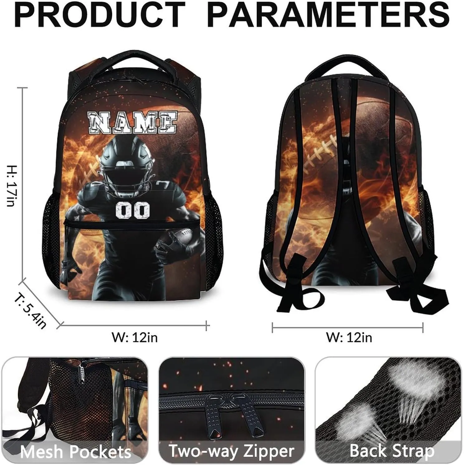 Personalized Kids Backpack for Boys, 17 Inches Football School Backpacks for Elementary Middle School, Football Schoolbag Gifts Ideas, Custom Name Large Capacity Sports Bookbag for Students