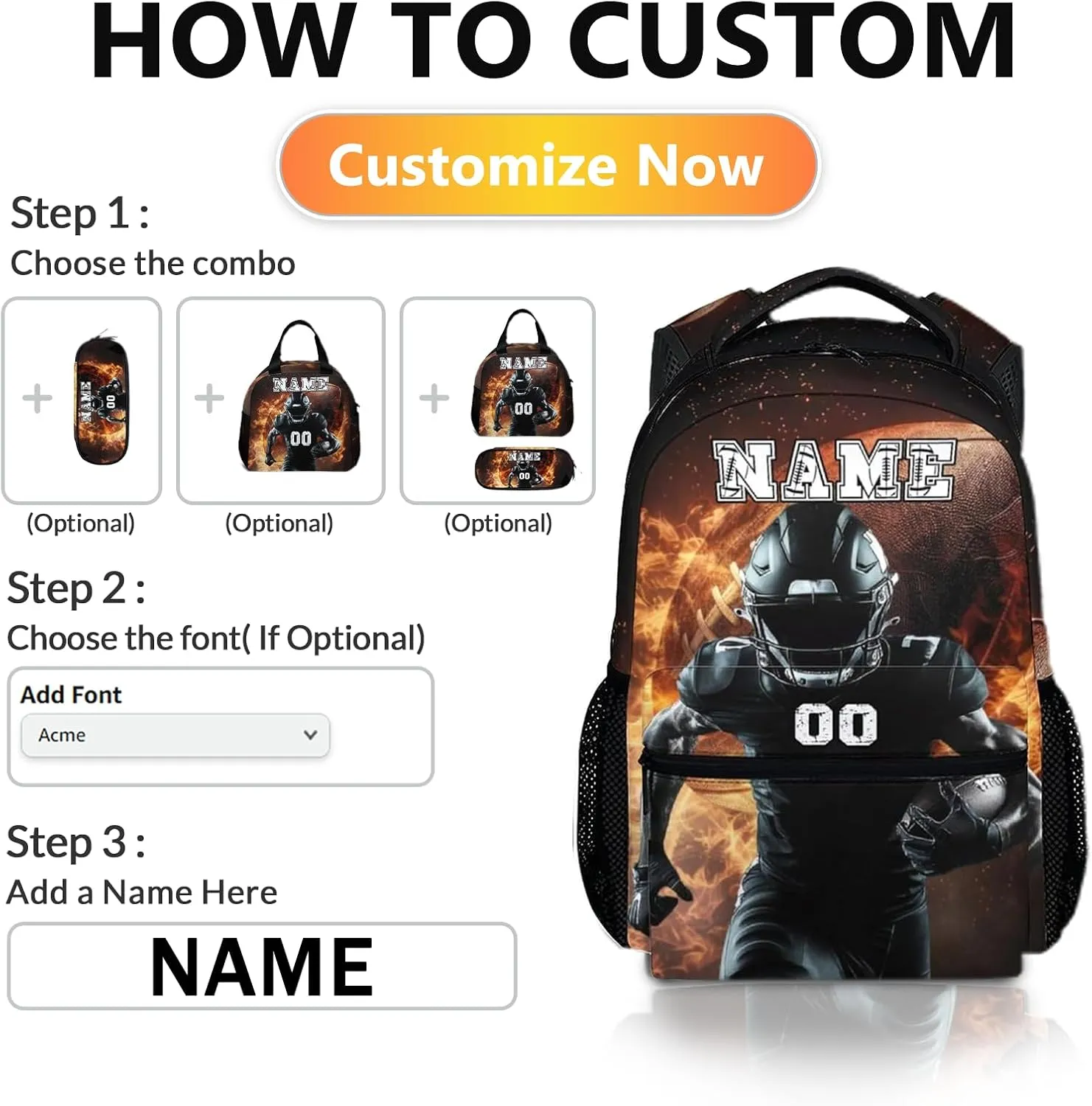 Personalized Kids Backpack for Boys, 17 Inches Football School Backpacks for Elementary Middle School, Football Schoolbag Gifts Ideas, Custom Name Large Capacity Sports Bookbag for Students