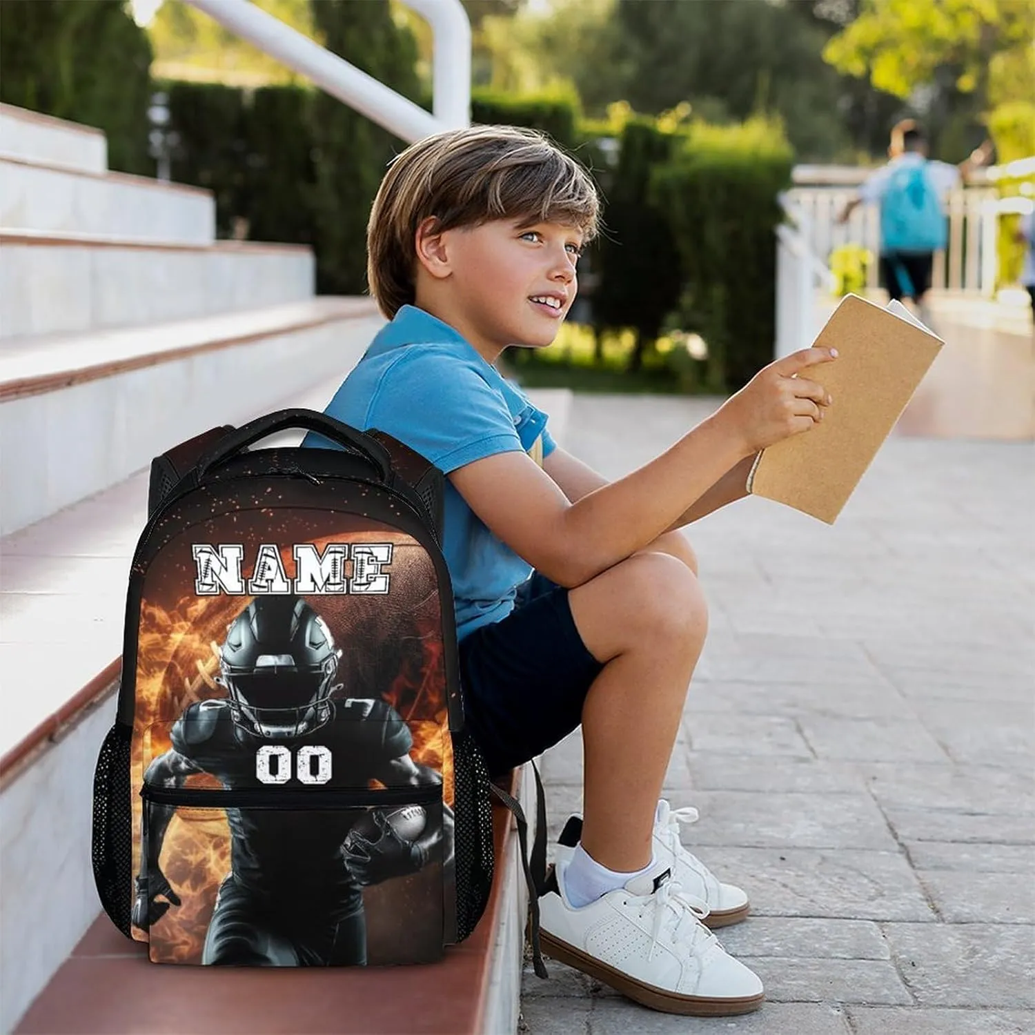Personalized Kids Backpack for Boys, 17 Inches Football School Backpacks for Elementary Middle School, Football Schoolbag Gifts Ideas, Custom Name Large Capacity Sports Bookbag for Students