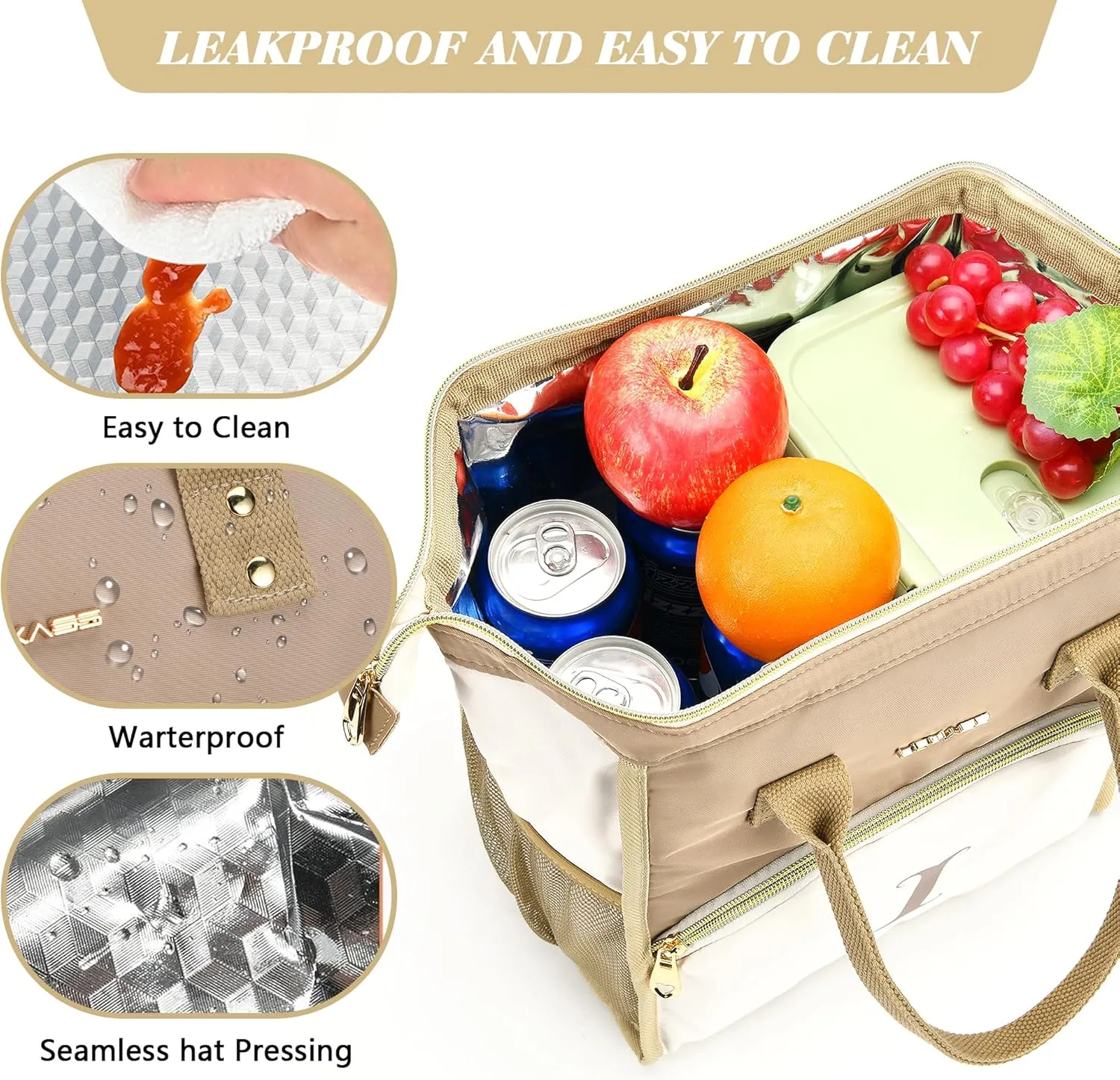 Personalized Lunch Box for Women, Reusable Insulated Lunch Bag, Wide-Open Adult Lunchbox Cooler Lunchbag Snack Organizer, Initial Leakproof Lunch Tote Bag for Picnic Work Outdoors, C