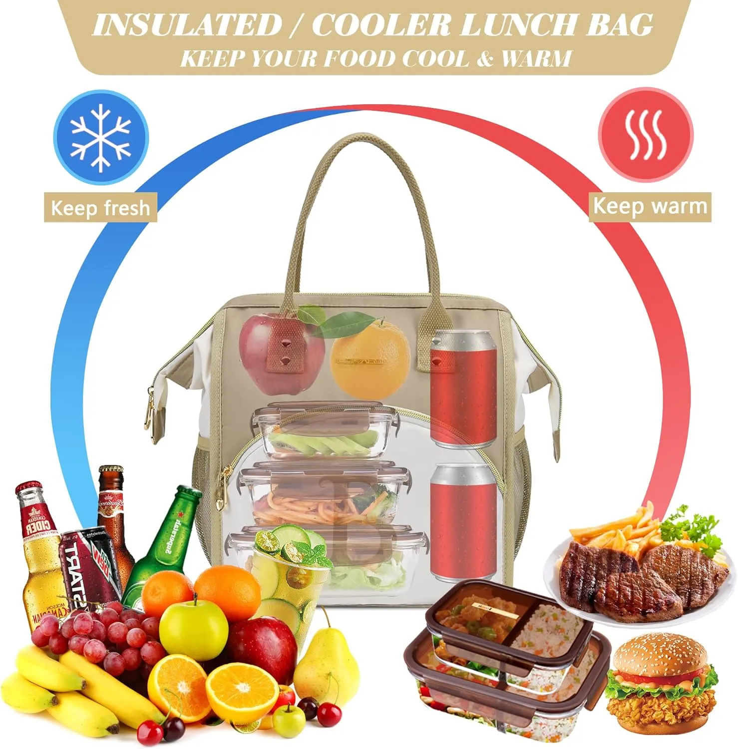 Personalized Lunch Box for Women, Reusable Insulated Lunch Bag, Wide-Open Adult Lunchbox Cooler Lunchbag Snack Organizer, Initial Leakproof Lunch Tote Bag for Picnic Work Outdoors, C
