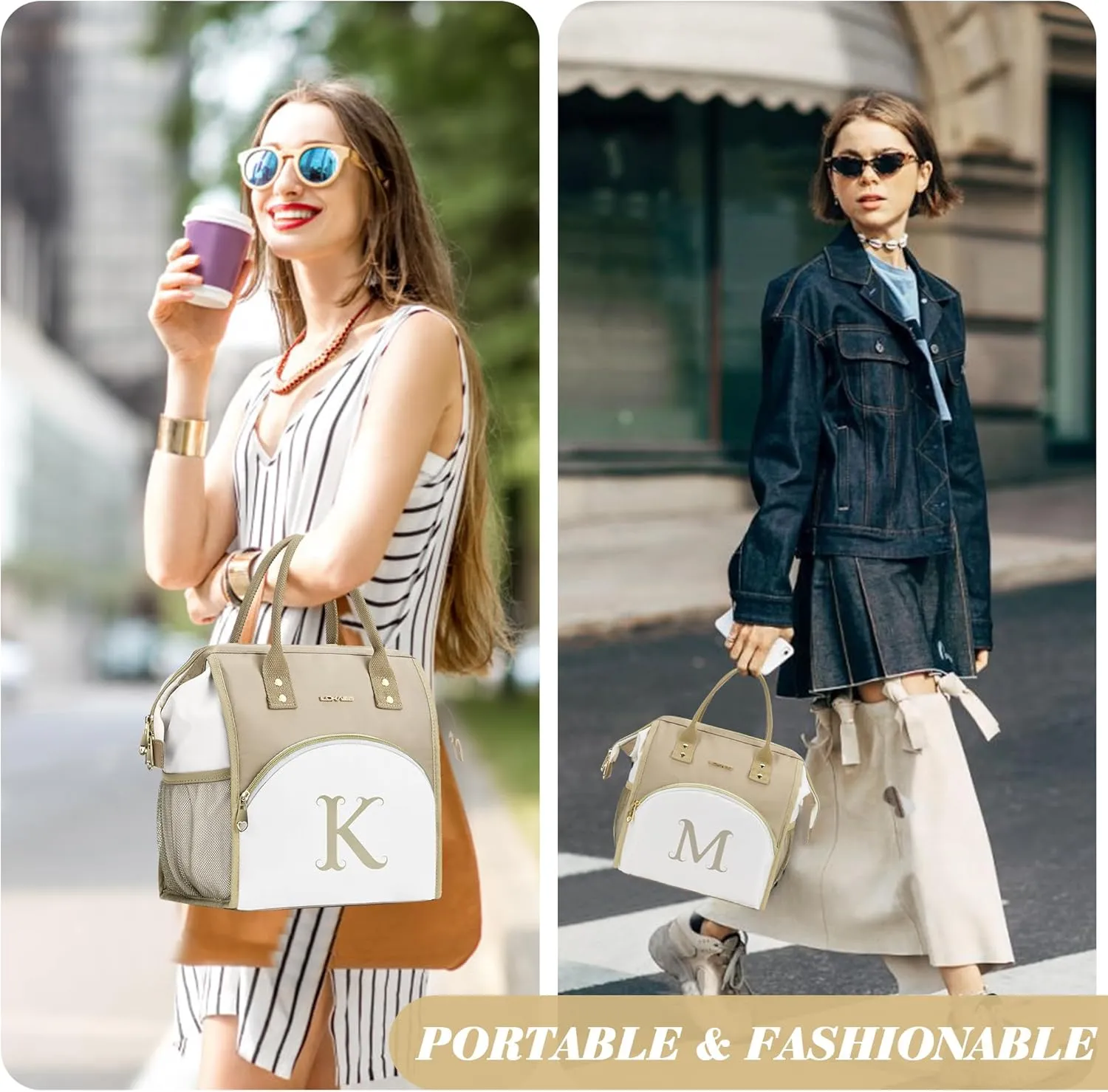 Personalized Lunch Box for Women, Reusable Insulated Lunch Bag, Wide-Open Adult Lunchbox Cooler Lunchbag Snack Organizer, Initial Leakproof Lunch Tote Bag for Picnic Work Outdoors, C