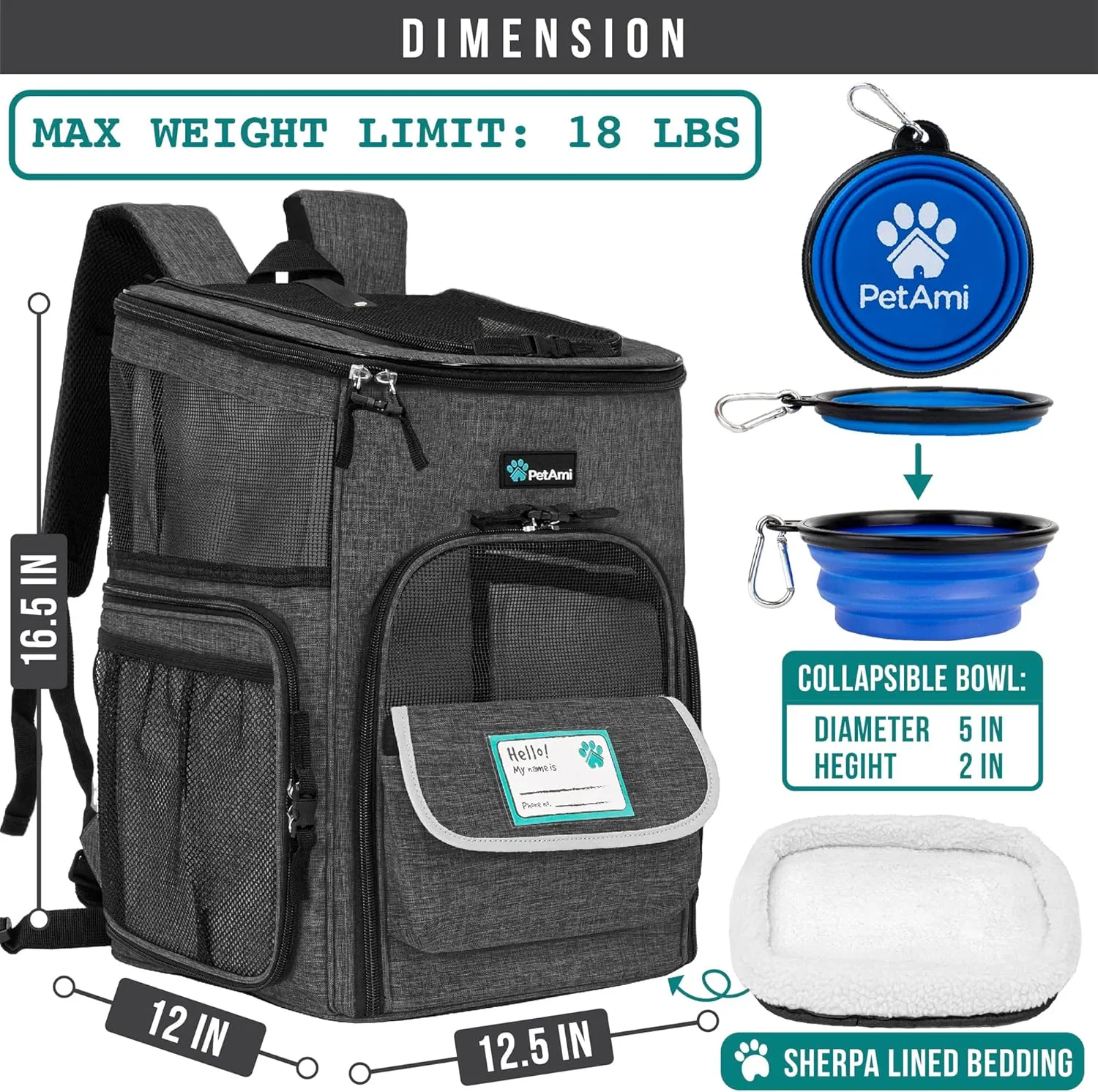 PetAmi Dog Backpack Carrier, Airline Approved Cat Backpacks for Carrying Small Large Cats, Pet Carrier Back Pack, Ventilated Soft Sided for Travel, Hiking, Camping, Max 18 lbs, Charcoal