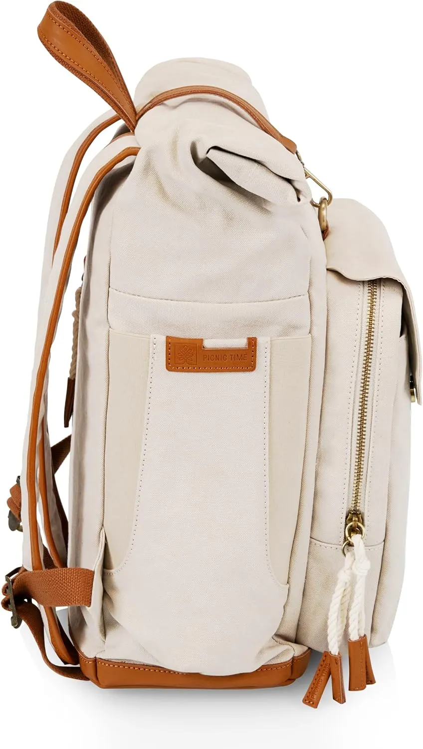 PICNIC TIME Carmel Roll Top Backpack Cooler, Canvas Insulated Cooler Backpack Bag for Lunch and Hiking, Portable Beach Cooler Bag, Picnic Bag