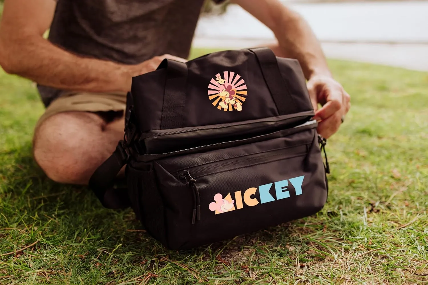 PICNIC TIME Disney Mickey Mouse Tarana Insulated Lunch Bag Made from Recycled Material, Lunch Box with Picnic Set, Upcycled Lunch Cooler Bag, (Carbon Black)