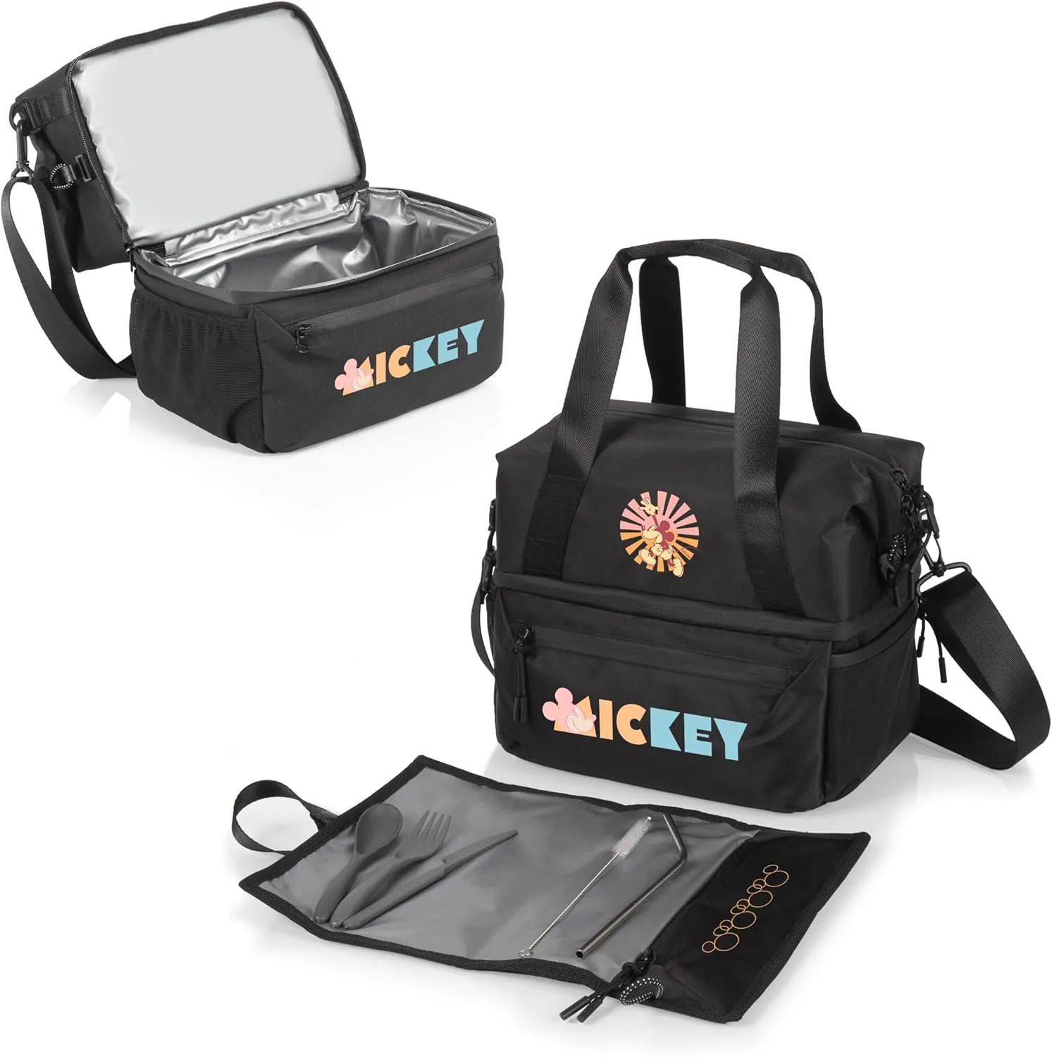PICNIC TIME Disney Mickey Mouse Tarana Insulated Lunch Bag Made from Recycled Material, Lunch Box with Picnic Set, Upcycled Lunch Cooler Bag, (Carbon Black)