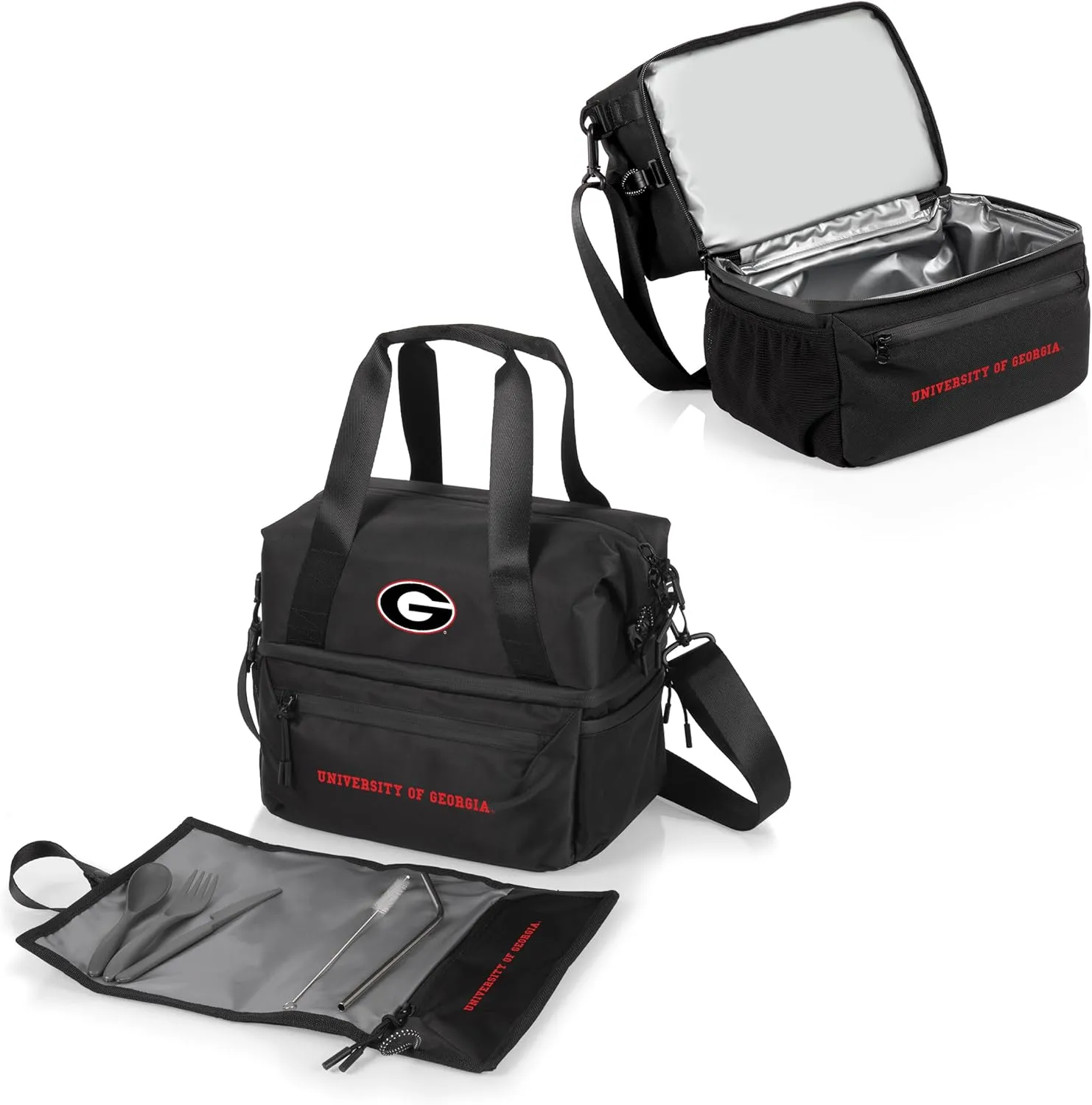 PICNIC TIME NCAA Oklahoma Sooners Tarana Lunch Bag Cooler with Utensils Made from Recycled Material, Lunch Box with Picnic Set, Upcycled Lunch Cooler Bag, (Carbon Black)