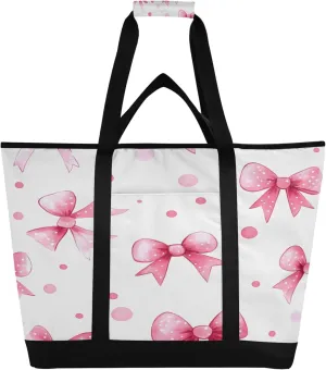 Pink Bows Reusable Insulated Cooler Bag with Ice Pack Compartment - Large 47L Waterproof Thermal Grocery Tote for Picnic Beach Camping Lunch Storage