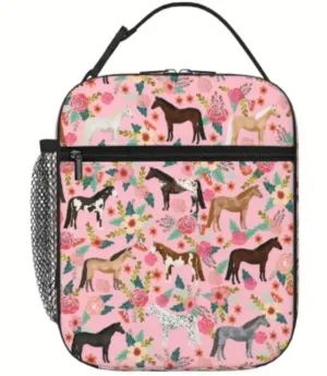 Pink Floral Horse Print Lunch Box Insulated bag