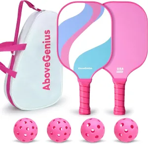 Pink Pickleball Paddles Set of 2, Cute Lightweight Fiberglass Surface Rackets, 2 Indoor and Outdoor Balls, 1 Carrying Bag, Pickleball Gifts for Women, Beginners