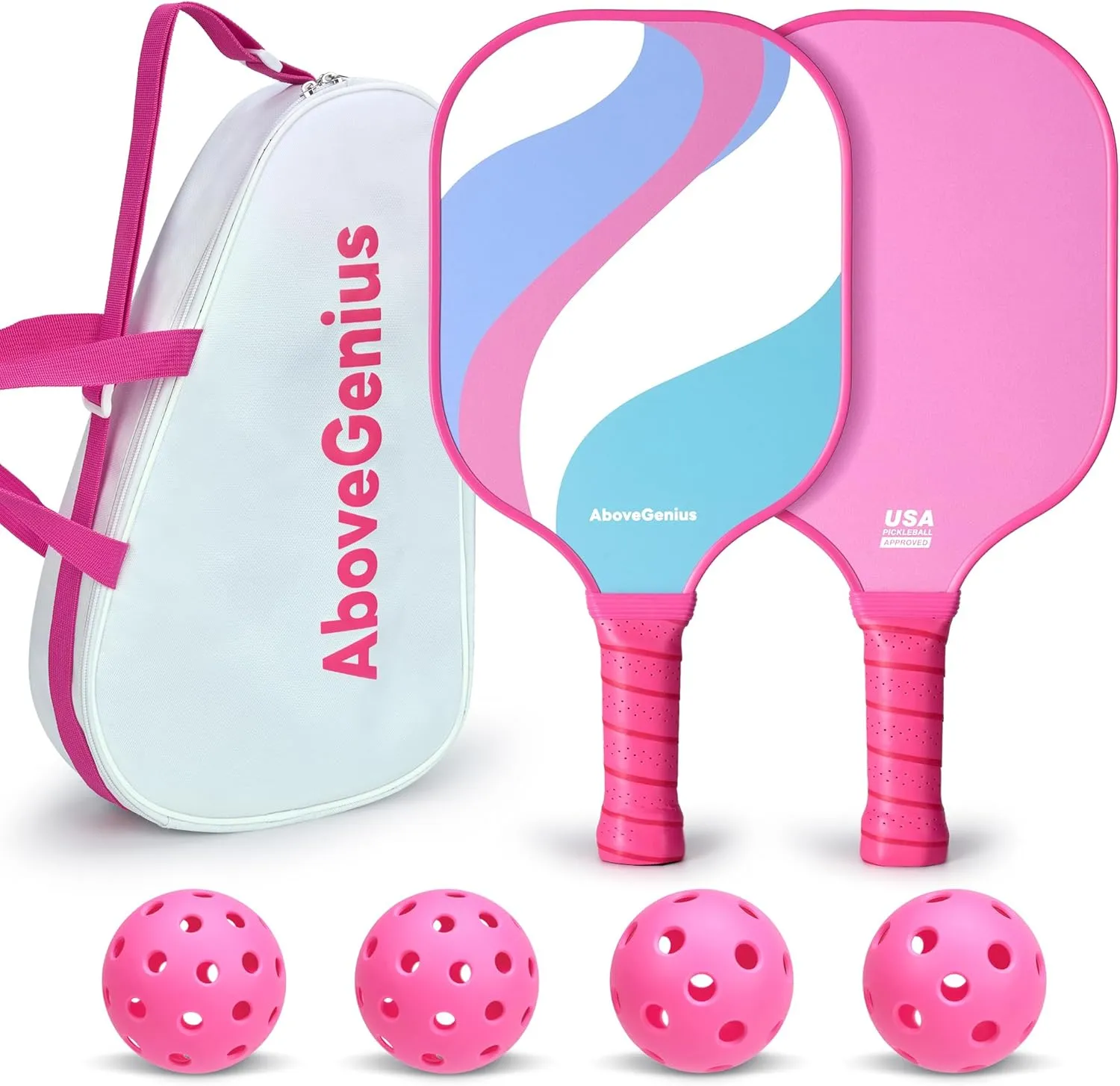 Pink Pickleball Paddles Set of 2, Cute Lightweight Fiberglass Surface Rackets, 2 Indoor and Outdoor Balls, 1 Carrying Bag, Pickleball Gifts for Women, Beginners