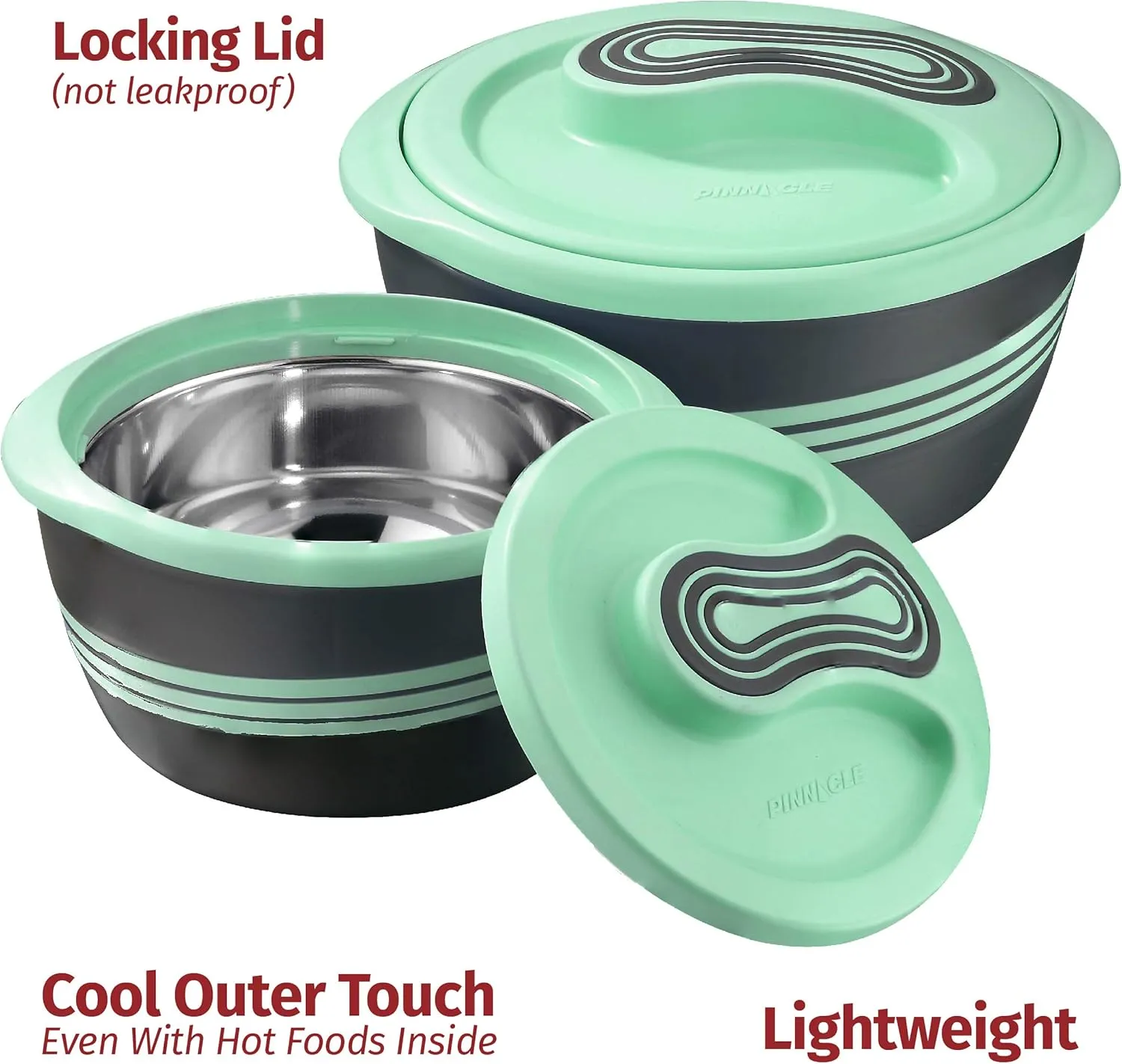 Pinnacle Insulated Casserole Dish with Lid 3 pc Set 2.6/2/1 qt. Hot Pot Food Warmer/Cooler –Thermal Soup/Salad Serving Bowl- Stainless Steel Hot Food Container–Best Gift Set for Moms –Holidays Green
