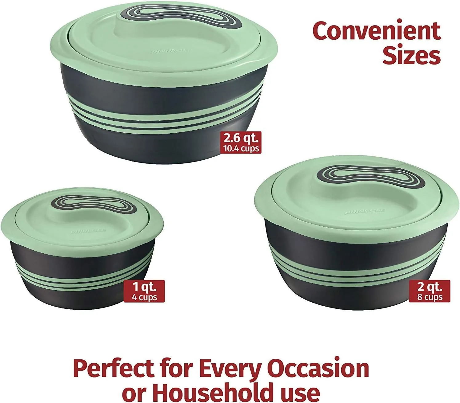 Pinnacle Insulated Casserole Dish with Lid 3 pc Set 2.6/2/1 qt. Hot Pot Food Warmer/Cooler –Thermal Soup/Salad Serving Bowl- Stainless Steel Hot Food Container–Best Gift Set for Moms –Holidays Green