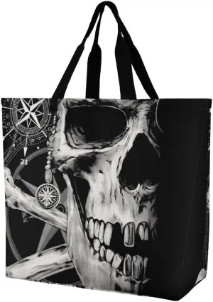 Pirate and Skull Compass Tote Bag for Women Foldable Travel One-Shoulder Portable Shopping Bag Commuter Bags