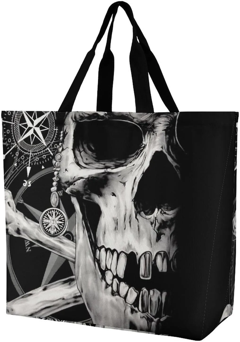 Pirate and Skull Compass Tote Bag for Women Foldable Travel One-Shoulder Portable Shopping Bag Commuter Bags