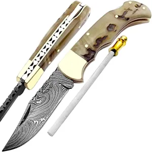Pocket Knife 6.5'' Ram Horn Damascus Steel Knife Brass Bloster Back Lock Folding Knife  Sharpening Rod Pocket Knives 100% Prime Quality  Olive Wood Stainless Steel Small Pocket Knife & Damascus Knife