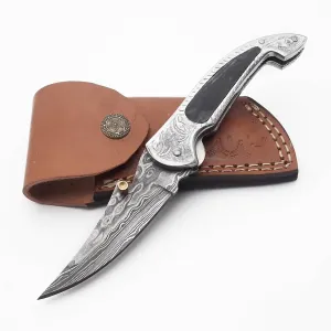 Pocket Knives & Folding Knives with Sheath - EDC Knife Pocket - 7.4 Inches Engraved Steel Damascus Folding Pocket Knife - Handmade Damascus Pocket Knife for Him