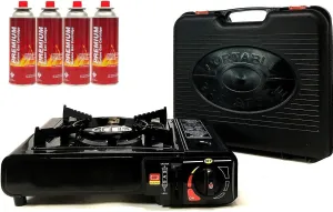 Portable Butane Gas Stove & 4 pack Butane Canister Complete Set With Carrying Case - Full Stainless Steel Body Electronic Ignition for Outdoor Camping Tailgating Backyard